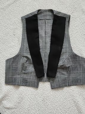 One-of-a-Kind Upcycled Cropped Plaid Vest Black & White Lapel Y2K Style Preppy
